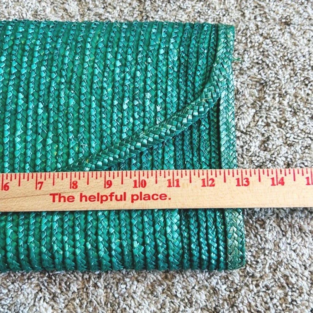 Vintage Green Woven Straw Envelope Clutch Bag Emerald Summer Beach Handbag